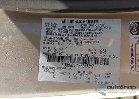 2007 Lincoln Mkz from USA, damaged, VIN 3LNHM26T57R619297